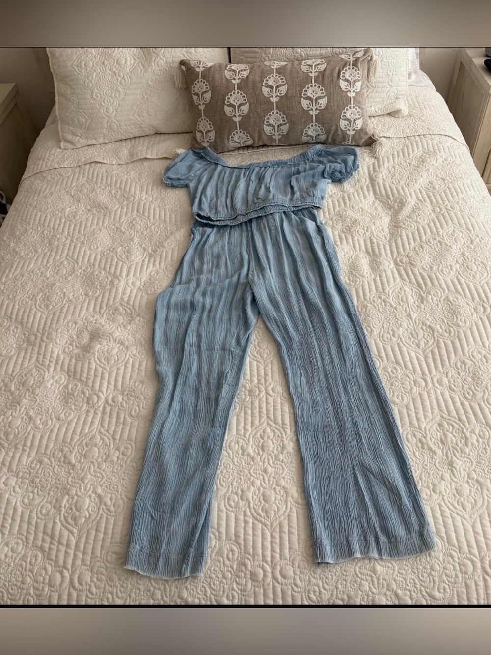 NWT Kiwi + Punch Light Blue Textured Gauze Off Shoulder Top & Wide Leg Pants Set